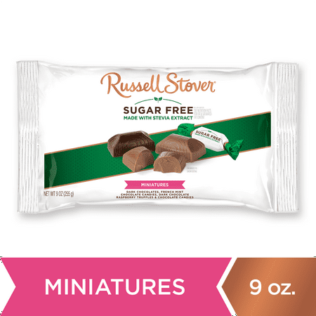 Russell Stover Sugar Free Assorted Miniatures with Stevia – Dark Chocolates, French Mint Chocolate Candies, Dark Chocolate Raspberry Truffles & Chocolate Candies, 9 oz. Bag