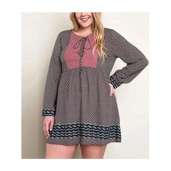 Plus Size Print Front Tie Dress (Black, XL)