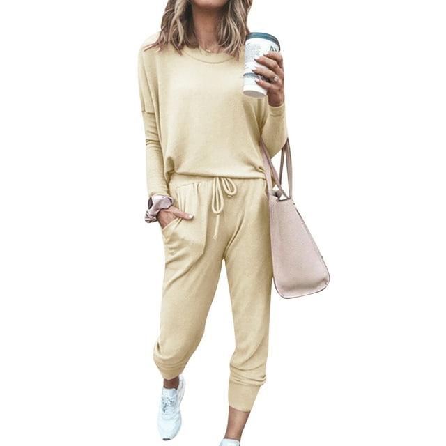 Gupgi 2Pcs Women Pure Color Tracksuit Long Sleeve Leisure Pullover Sweatpants Sets