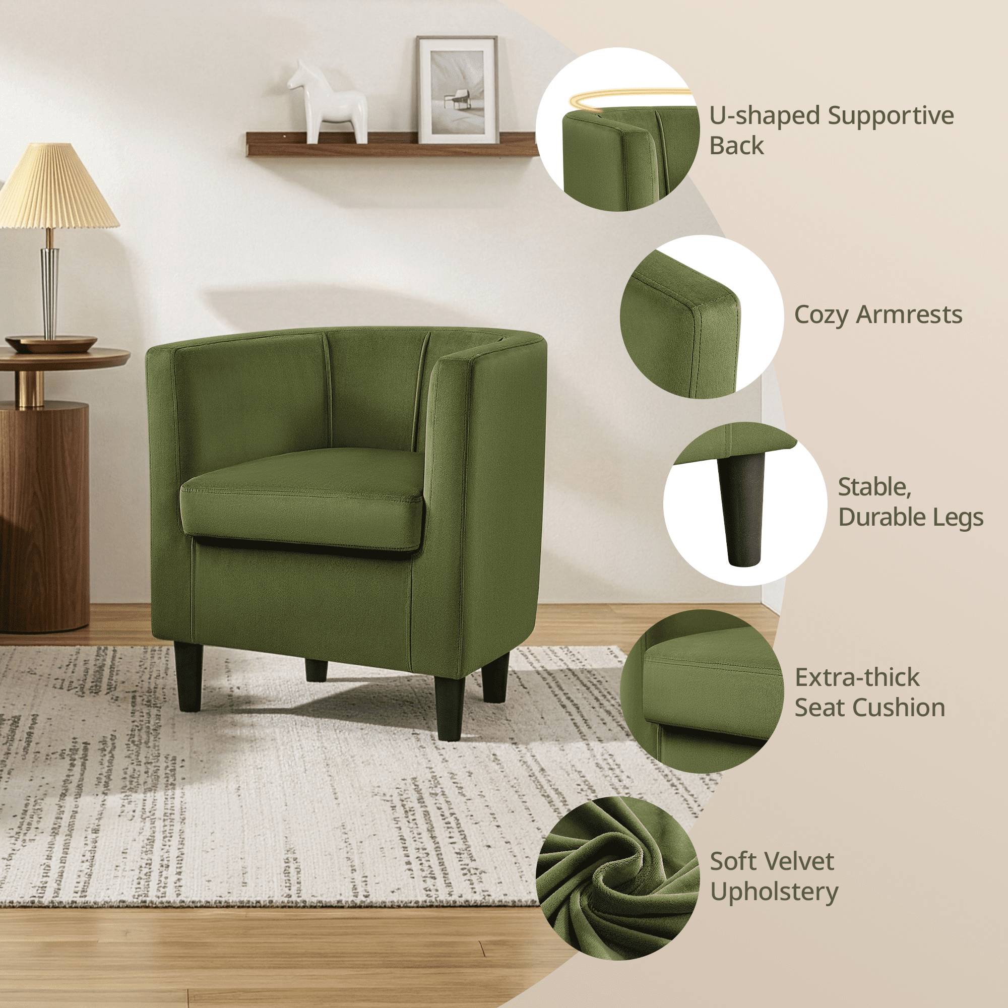 Renwick Upholstered Barrel Shaped Accent Chair with Curved Backrest for Livingroom, Olive Green Velvet