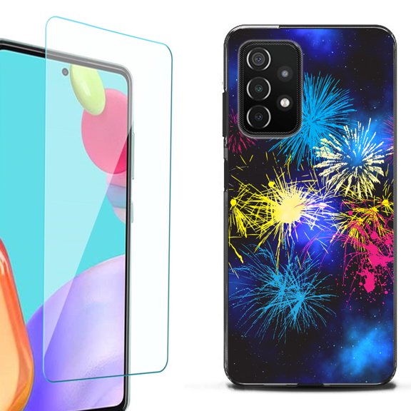 Slim-Fit Flexible TPU Gel Phone Case (black) for Samsung Galaxy A52 5G, with Tempered Glass Screen Protector, by OneToughShield ® - Fireworks