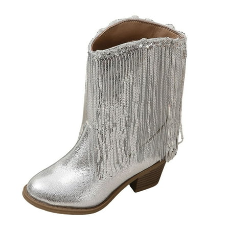 

eileial Girls Cowgirl Boots Child Mid Calf Glitter Toddler Cowboy Boot Little Big Kids Western Riding Shoes Silver 7-8 Years