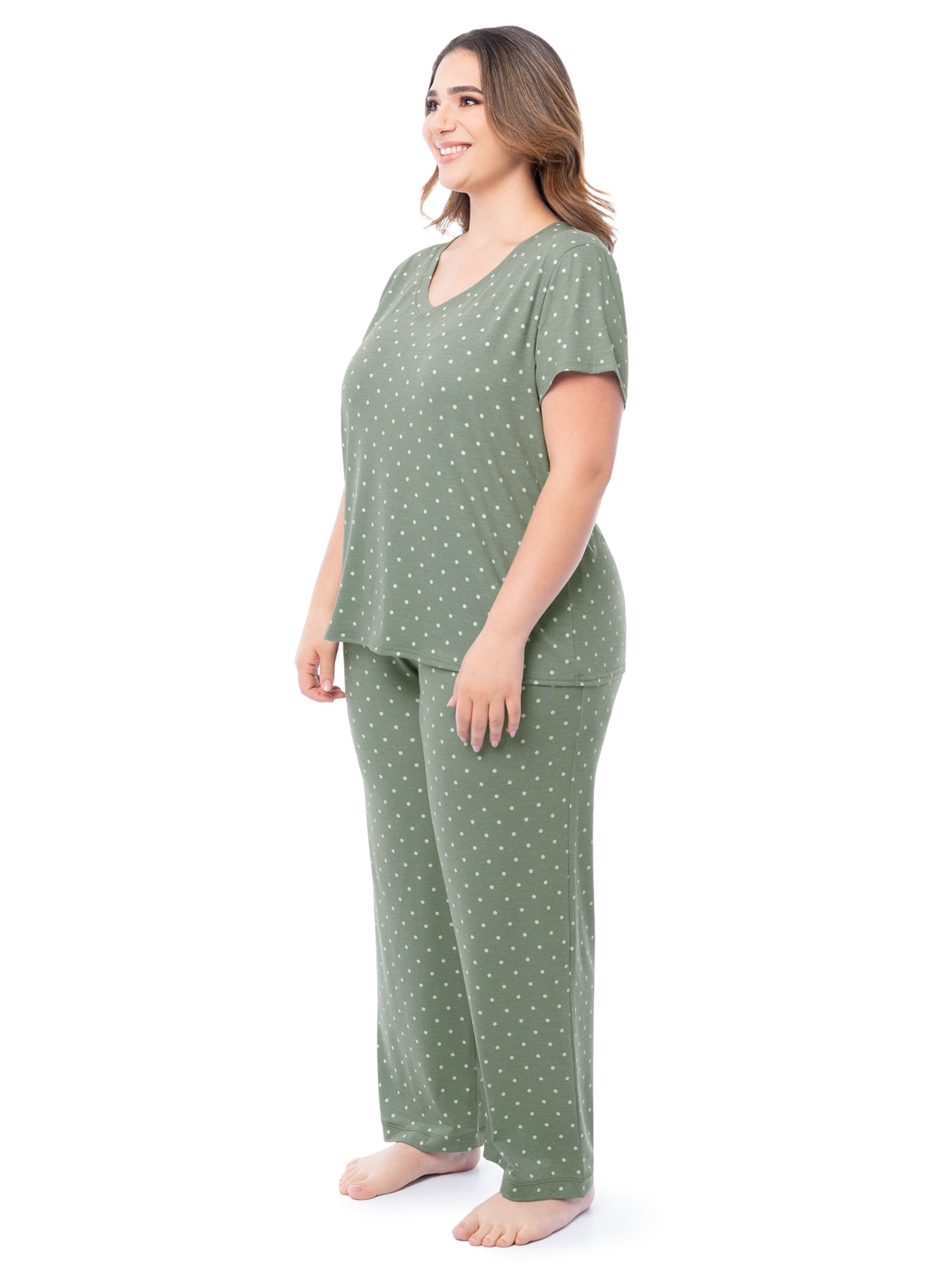 Fruit of the Loom Women's Soft & Breathable V-Neck Short Sleeve Top & Pajama Pant Set, Sizes S-4X