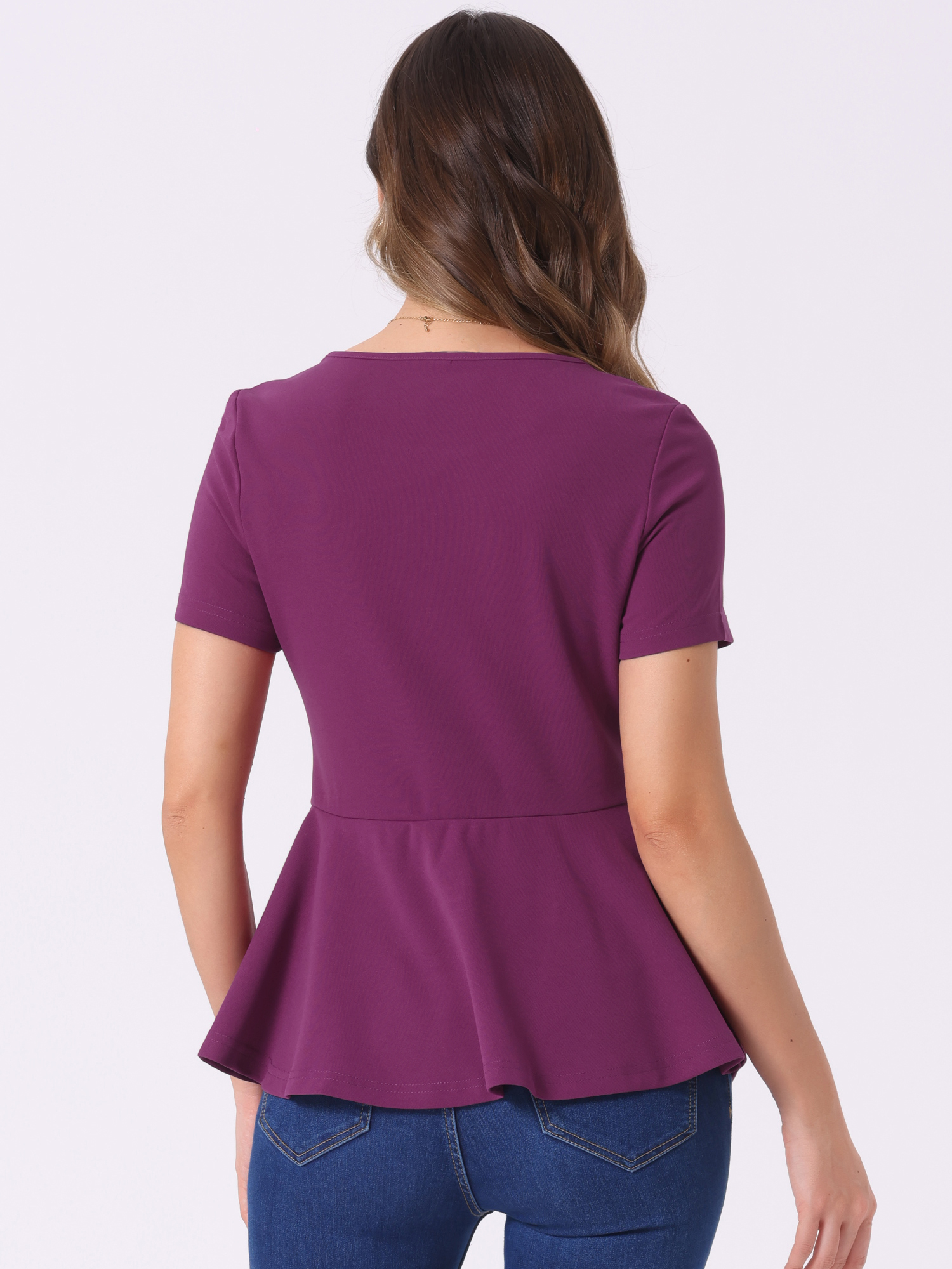 DARING DIVA Women's Peplum Tops Short Sleeve Crew Neck Blouse S Purple