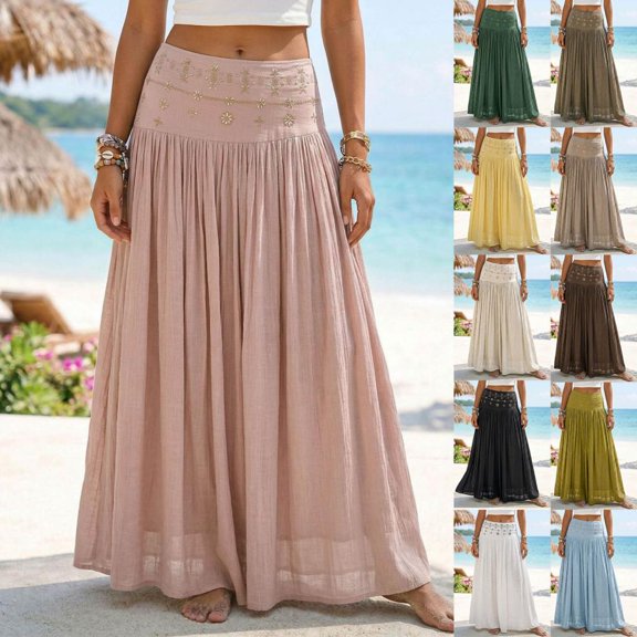 Bxsruta Womens Long Skirt Bohemian Maxi Skirt Casual Flowy Pleated Skirts for Women Summer Beach Vacation