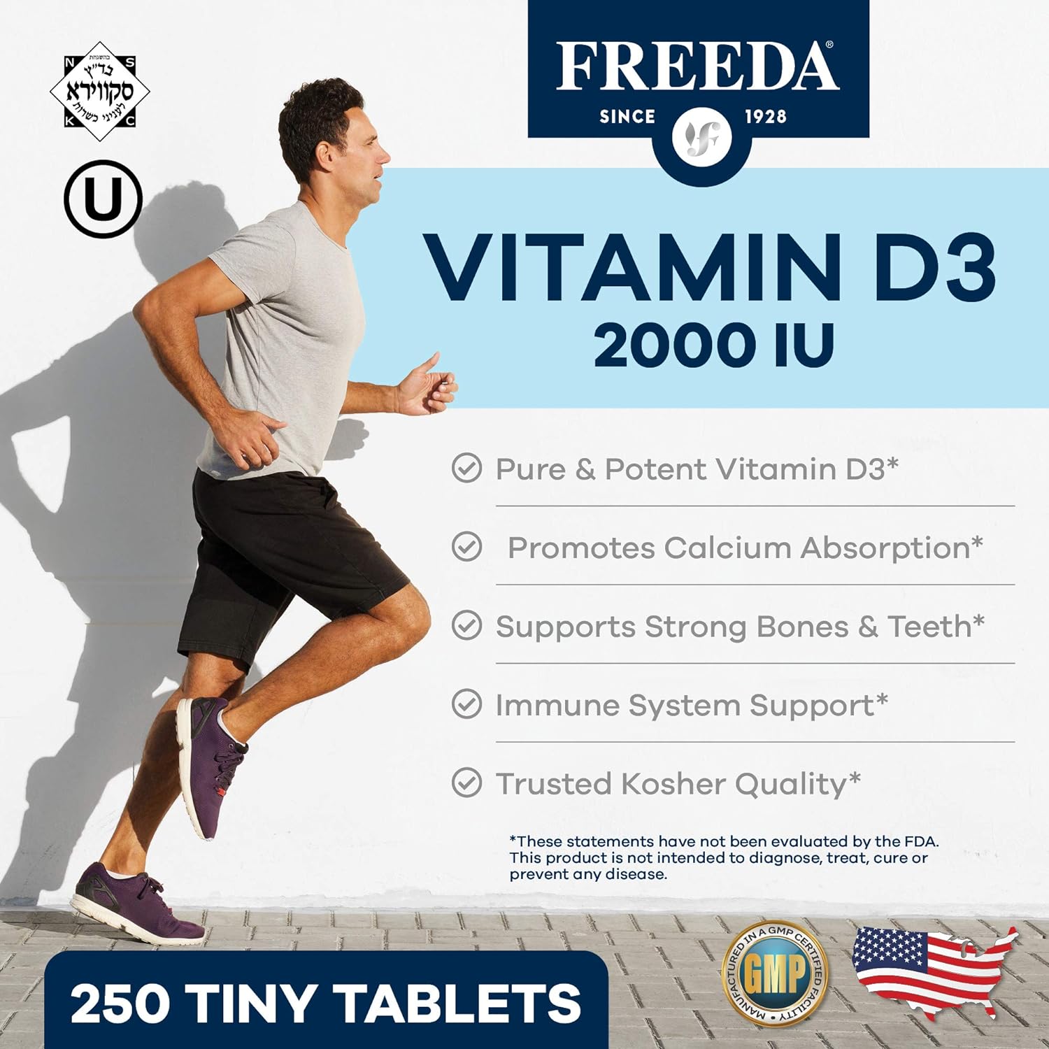 Freeda Vitamin D3 2000 IU Supplement | Bone, Calcium & Immune Support | Tiny Tablets | Kosher, Gluten Free | 250 Count