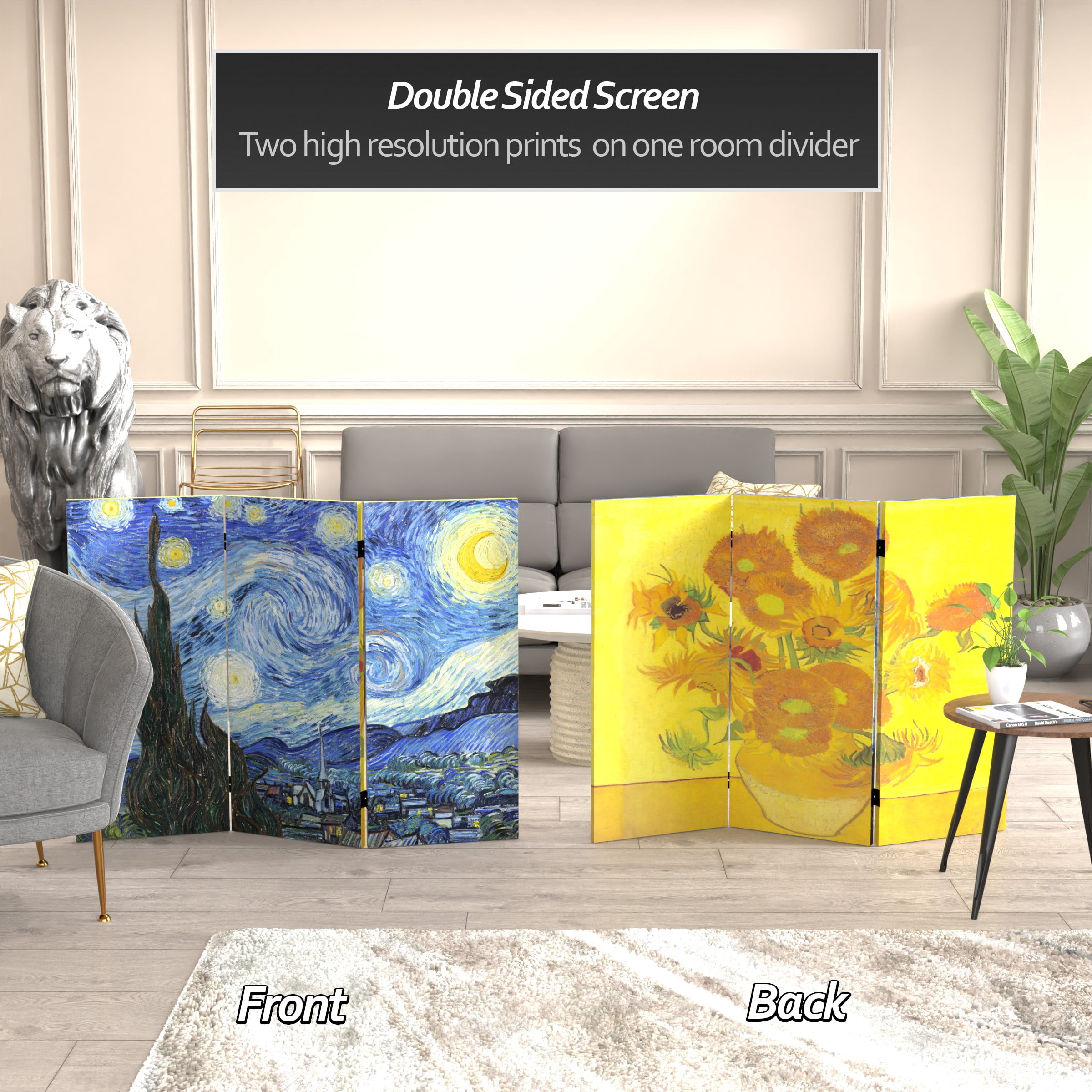 3 ft. Short Double Sided Works of Van Gogh Canvas Folding Screen - Starry Night/Sunflowers