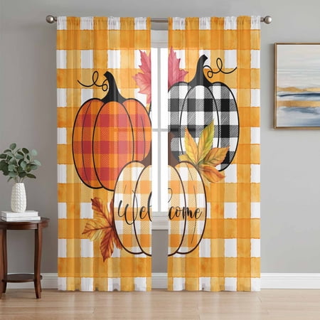 Orange Pumpkins Sheer Curtains 96 Inch Length 2 Panels Set Plaid Farmhouse Summer Botanical Leaves Voile Window Treatment Semi Sheer Long Curtains Drapes for Bedroom/Living Room/Kitchen 52 x96 x2