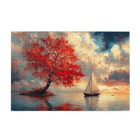 1000 PCS 1000 Piece Wooden Jigsaw Puzzles The Tranquil Boat And Trees Wonderful Imagination Brain Challenge Funny Artwork For Adults Puzzles Suitable For Entertaining With Family During Holidays