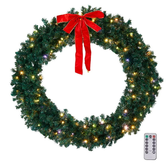 XiHuaZhaoChen Pre-lit Outdoor Christmas Wreath, Large Christmas Wreath with Lights for Garage, Green Wreath w/Bow, Pine Cones, Ornaments, Remote Control, Timer,48in