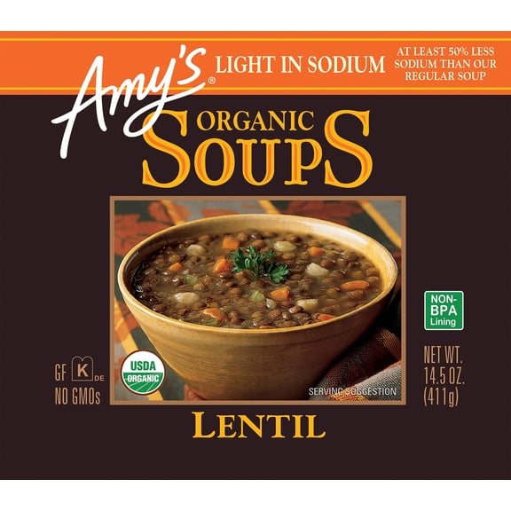 Amy’s Soup, Vegan Lentil Soup, Light in Sodium, Gluten Free, Made With Organic Green Lentils and Vegetables, Canned Soup, 14.5 Oz