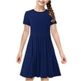 thumbnail image 5 of Kids Wedding Guest Dress Girl's Summer Short Sleeve Midi Dresses Casual Solid Color Crew Neck T-Shirt Dresses Flowy A-Line Beach Sundress New Navy 13T, 5 of 9