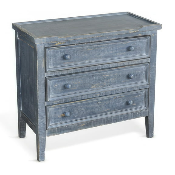 Rena Side End Table with 3 Drawers- 28 Inch Rustic Blue Mahogany Wood