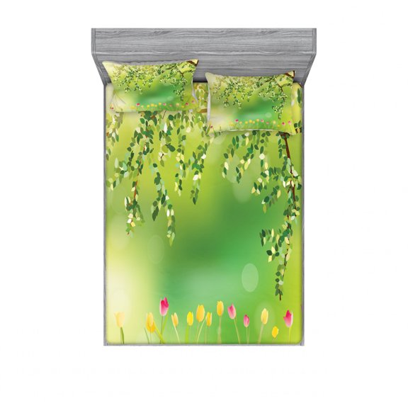 Ambesonne Floral Fitted Sheet & Pillow Sham Set, Colorful Tulips Tree, Queen, Multicolor