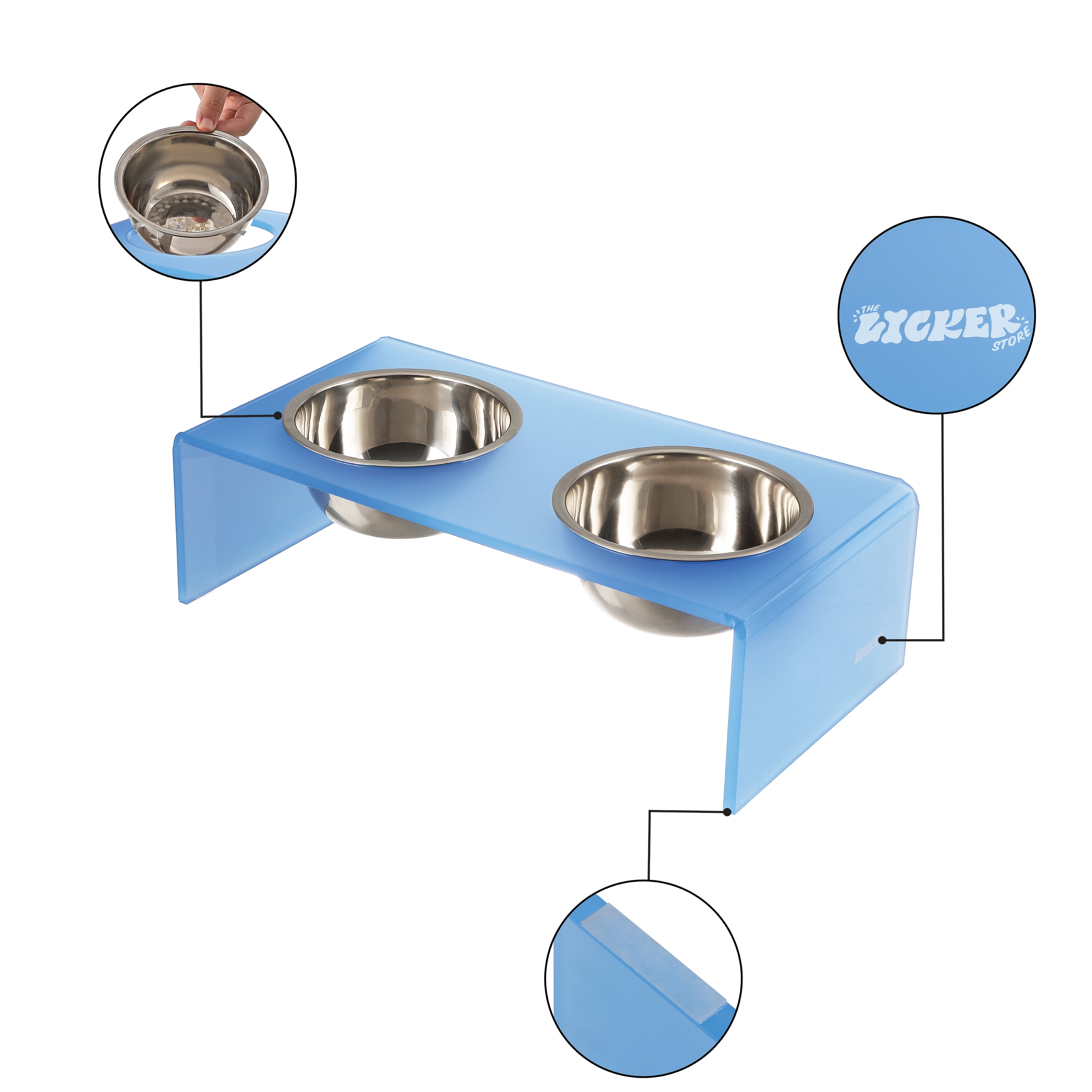 THE LICKER STORE Keaton 7.5" Medium/Large Modern Acrylic Rectangular Elevated Pet Feeder with 54oz 2-Stainless Steel Bowls, Blue/Chrome, DBL2001C
