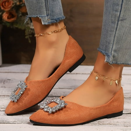 Women s Comfortable Flat Shoes - Round Toe Classic Cute Bow Metal Buckle Slip on Ballet Flats Orange 9