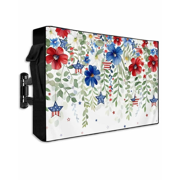 4th of July Outdoor TV Cover 60 to 65 Inch Weatherproof, Blue Red Spring Floral Independence Day 600D Oxford TV Covers with Waterproof Zipper, Outside Flat TV Screen Protector Size 58"Wx37"Hx4.5"D
