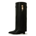 thumbnail image 2 of Women's Shark Boots – Fold-Over Knee-High Faux Leather Boots with Side Zipper, Lock Buckle and Wedge Heel Winter Style, 2 of 7