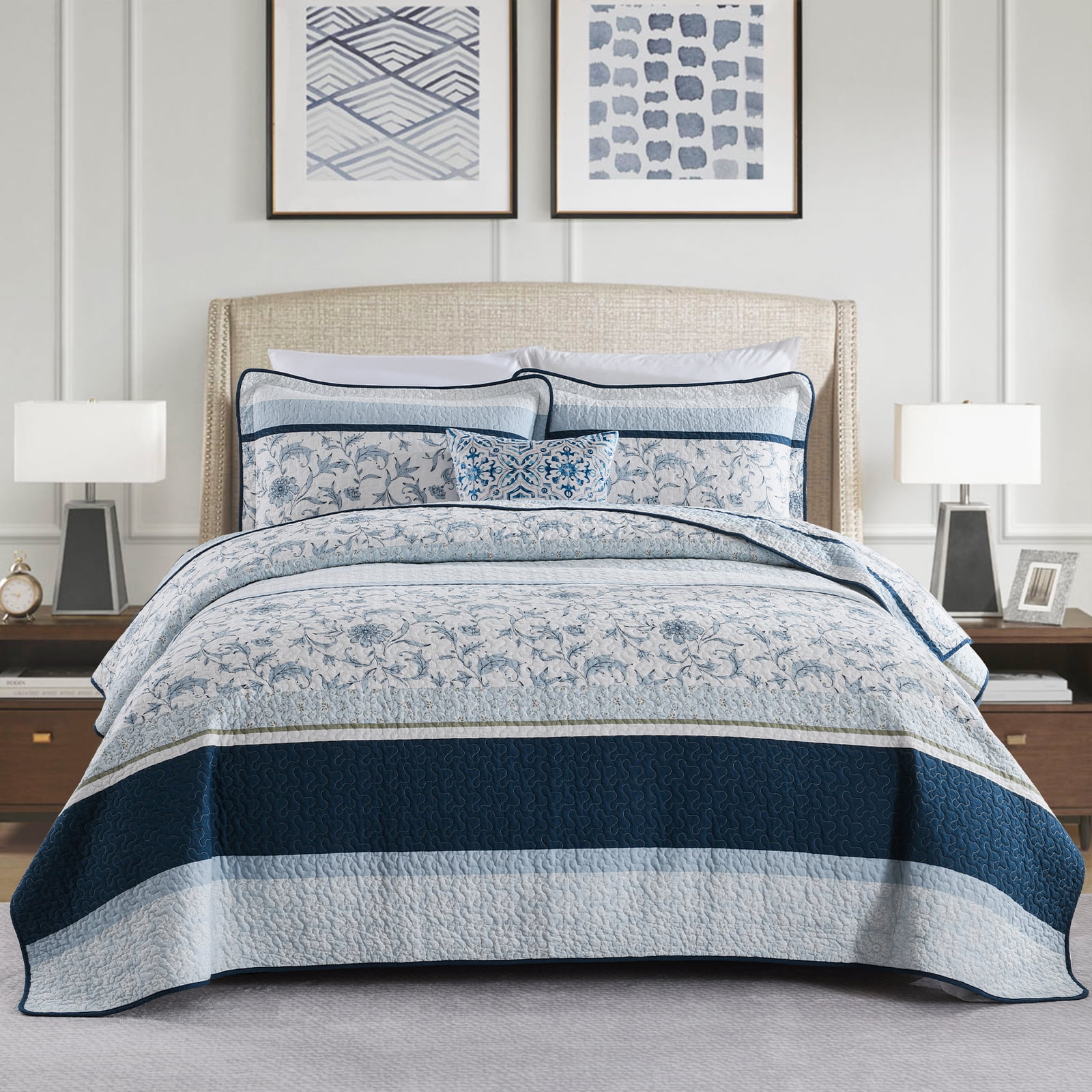 Bedduvit Floral Blue Queen Quilt - 100% Cotton Striped Patchwork Reversible Navy/Blue Queen Size Quilt, Lightweight Summer Botanical Flower Print Bedspread, Vintage Bedding Set for Queen Bed, 98x90