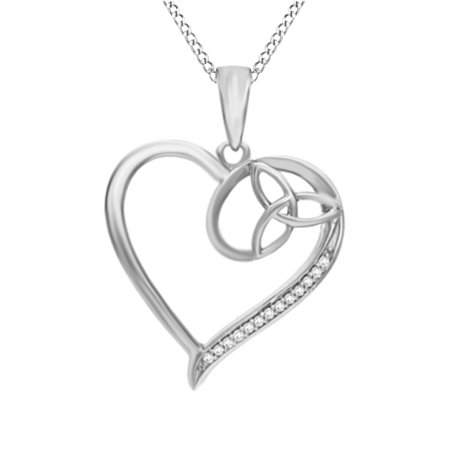 14k Gold Diamond Love Knot - Natural Diamond Accent Heart with Celtic Trinity Knot Pendant Necklace in 14k White Gold Over Sterling Silver
