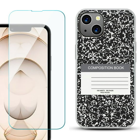 Slim-Fit Flexible TPU Gel Phone Case for iPhone 13, with Tempered Glass Screen Protector, by OneToughShield ® - Composition Book