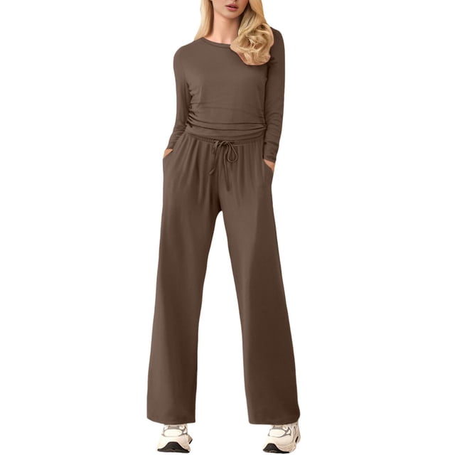 Women's Fall Two Piece Outfits Track Suits Long Sleeve Crop Tops Tee Shirts Wide Leg Pants Matching Sets