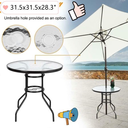 Goorabbit 31.5 Outdoor Bistro Table Round Patio Dining Table Side Table with Umbrella Hole  Outdoor Indoor Banquet Furniture with Metal Frame and Glass Top for Garden Backyard Porch Lawn Deck(Black)