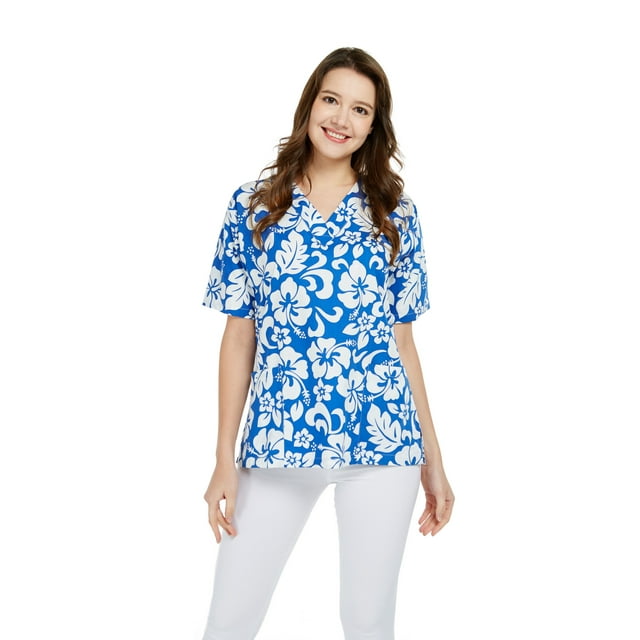 Haut de Sarrau en Coton à Imprimé Hawaïen à 2 Poches, Bleu Hibiscus Classique, S