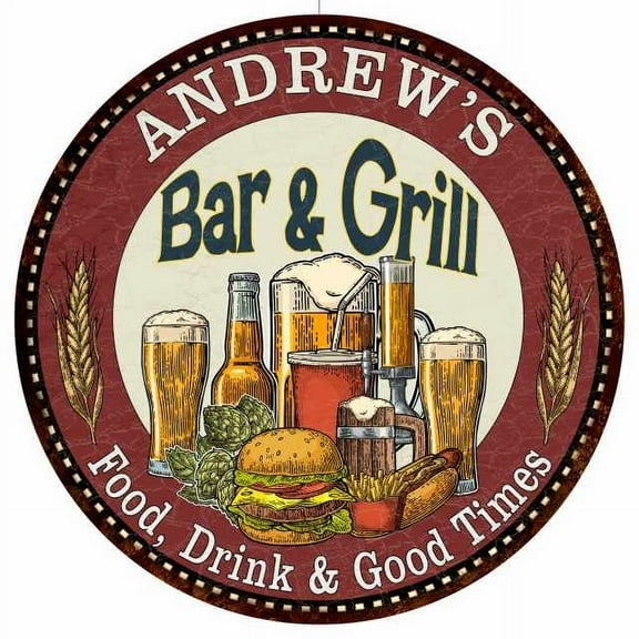 ANDREW'S Bar and Grill 14" Round Metal Sign Kitchen Wall Decor 100140020243