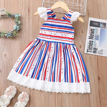 

UHUYA Toddler Dress Kids Baby Girls Summer Sleeveless Flag Print Dress Princess Dress Red 3-4 T