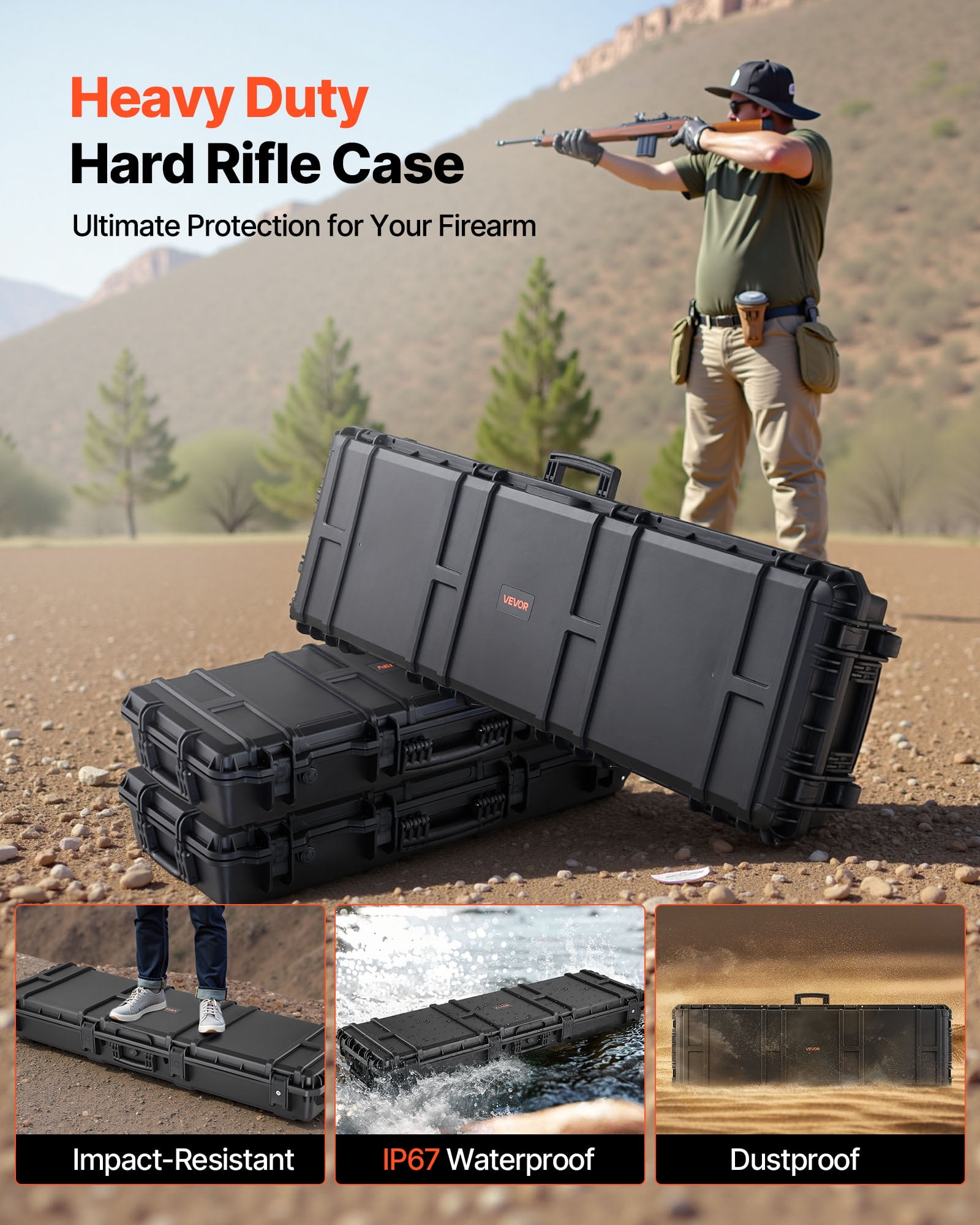 VEVOR Hard Rifle Case, Lockable Rifle Case with Detachable XPE Foam, 50 in Gun Storage with Wheels, IP67 Waterproof & Dustproof Pistol Storage Cases for Rifles, Shotguns, Airsoft Guns, Black