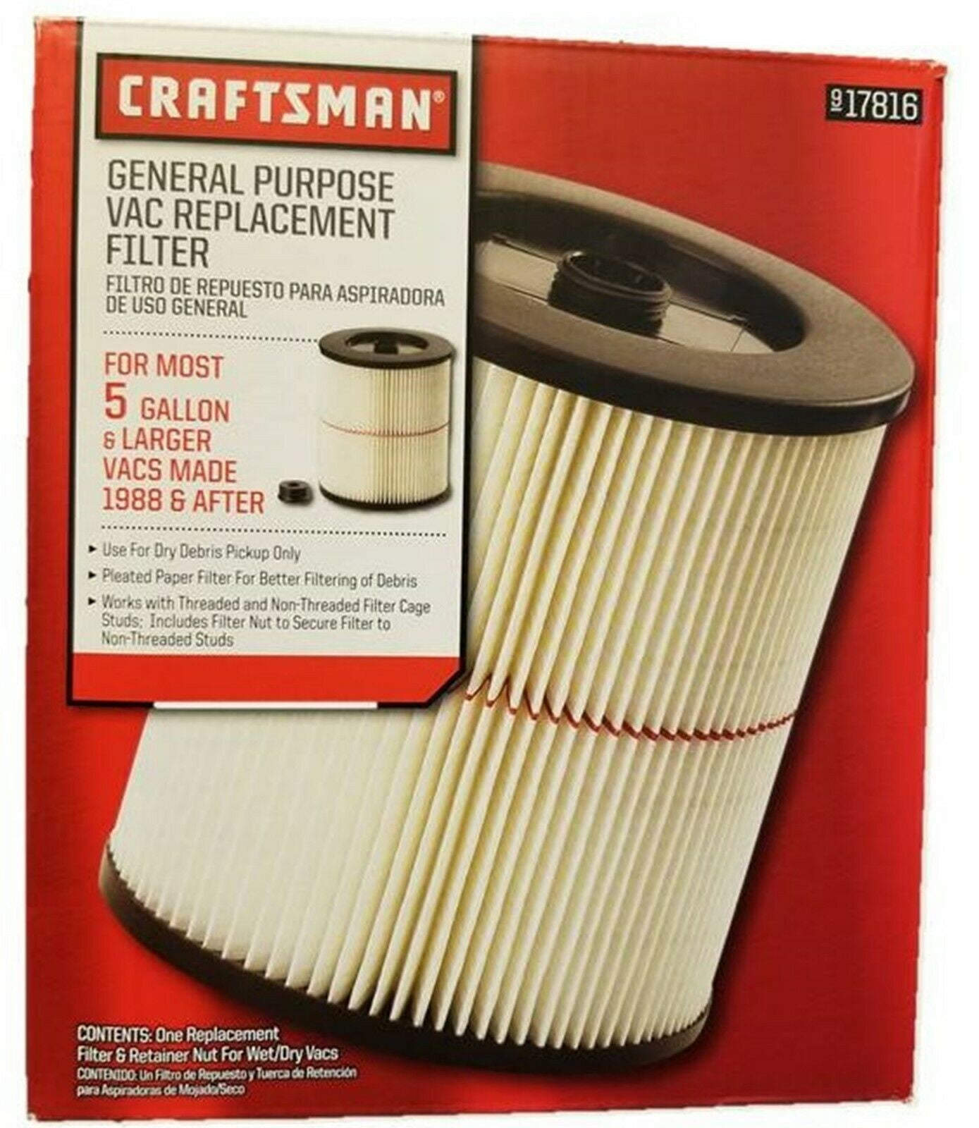1x Air Filter Cartridge For Shop Vac Craftsman 17816 9-17816 5,6,9,12,16 Gallon 