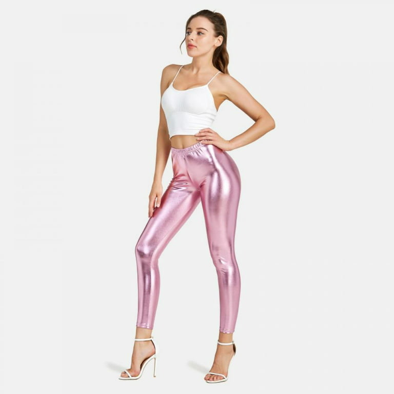 Baywell Women's Shiny Holographic Leggings Liquid Metallic Pants Iridescent  Tights Pink S-XL