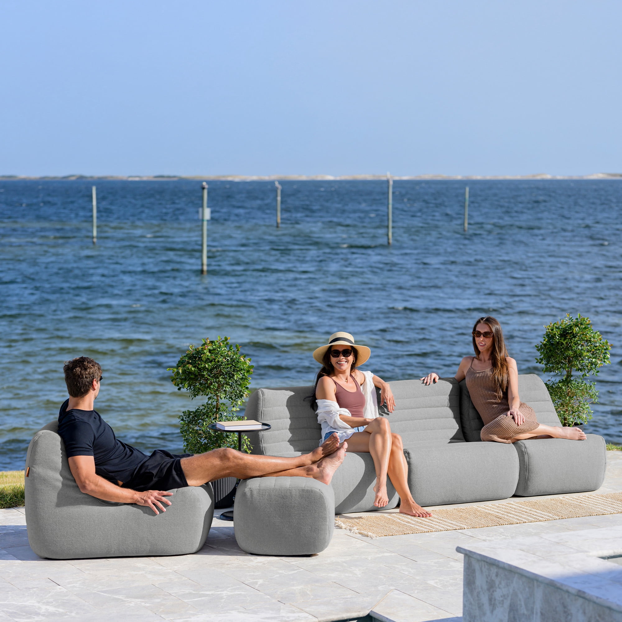 Big Joe Solvana Outdoor Sectional, 5 Piece Patio Furniture Set, Performance Linen Weather-Resistant Fabric Sofa, Port Gray