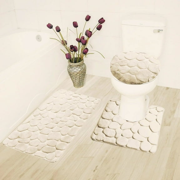 3PC ROCK BEIGE  Banded  Design Bathroom Bath Mat Set Includes, 1 Contour Mat, 1 Lid Toilet Cover, 1 Bath Mat Ultra Absorbent with Anti-Slip Backings