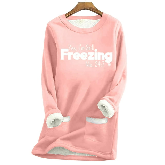 Fashnice Ladies T-shirt Letter Printed Pullover Crew Neck Sweatshirt Warm Fall Tops Pink With Snowflakes 2XL