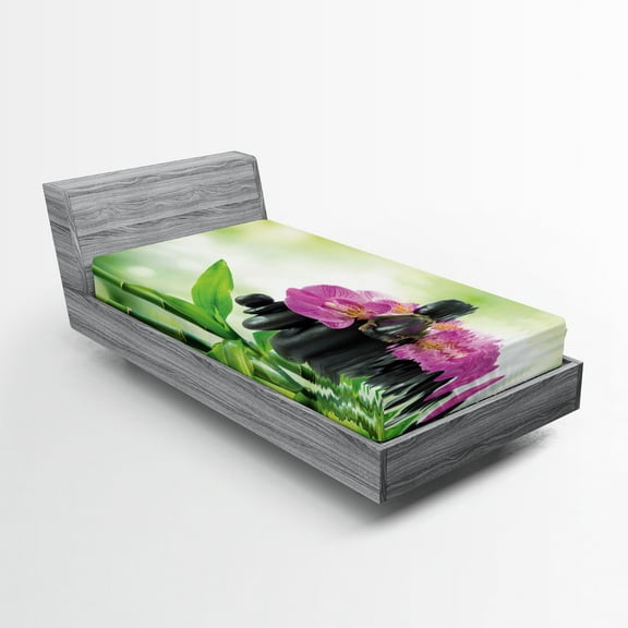 Ambesonne Spa Fitted Sheet, Orchids Rocks Water, Twin Size, Green Pink