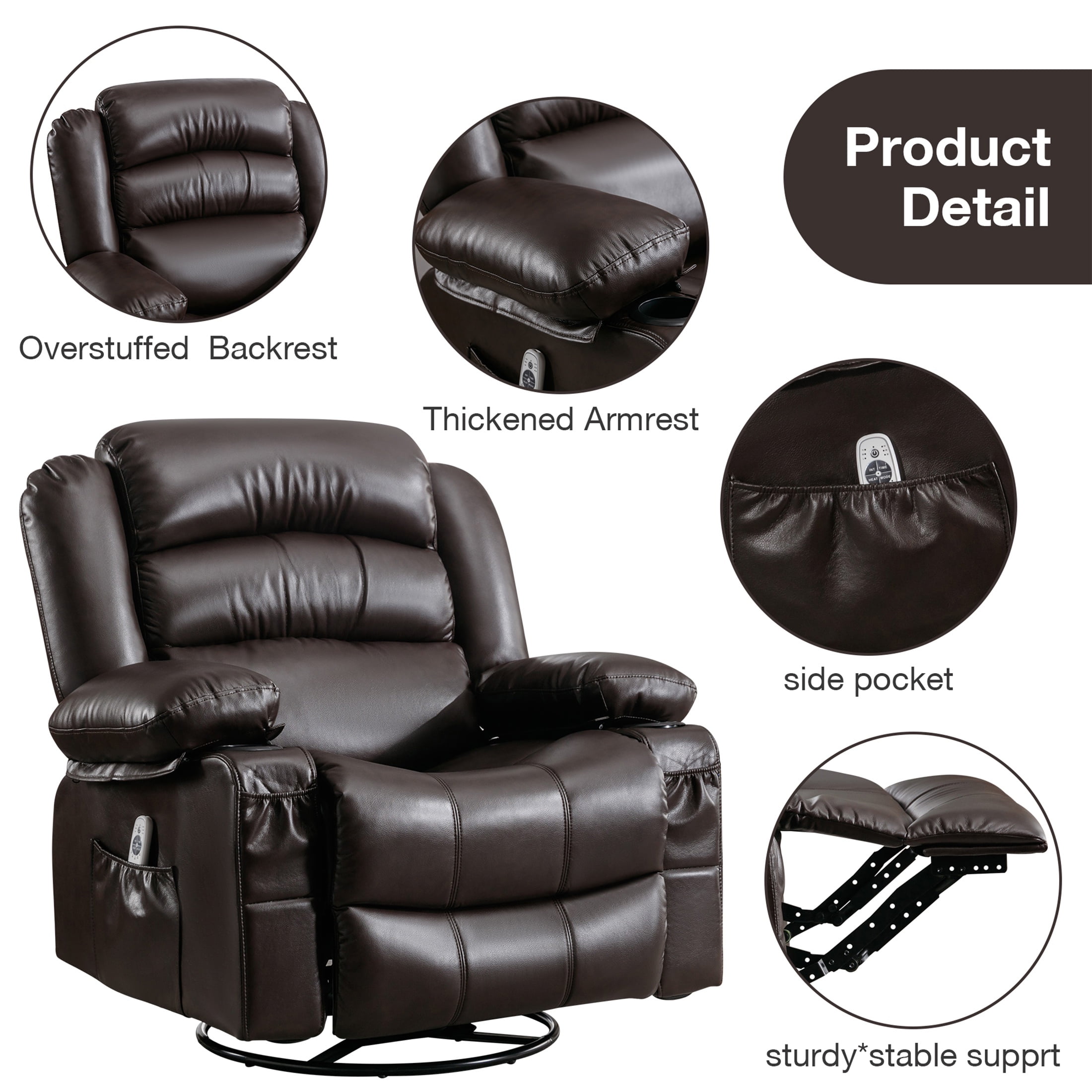 UHOMEPRO Massage Swivel Rocker Recliner Chair, PU Leather Rocking Sofa Home Recliner with Side Pockets Cup Holder and USB Charge Port, 360-degree Rotation, 30-degree Rocking, Brown