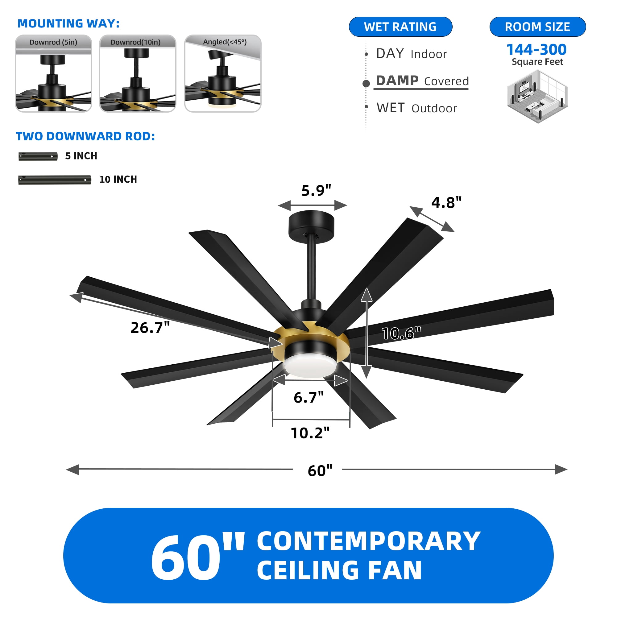 Uforic 60 Inch Large Modern Ceiling Fan with Light and Remote,App Control,Black Gold ceiling fan with 8 Blades,6 Speed for Living Room,Garage