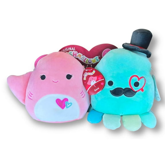 Squishmallows Official Kellytoy Perfect Pair Saxa Stingray and Eiko Fancy Octopus - 2023 Valentines Squad Set of 2