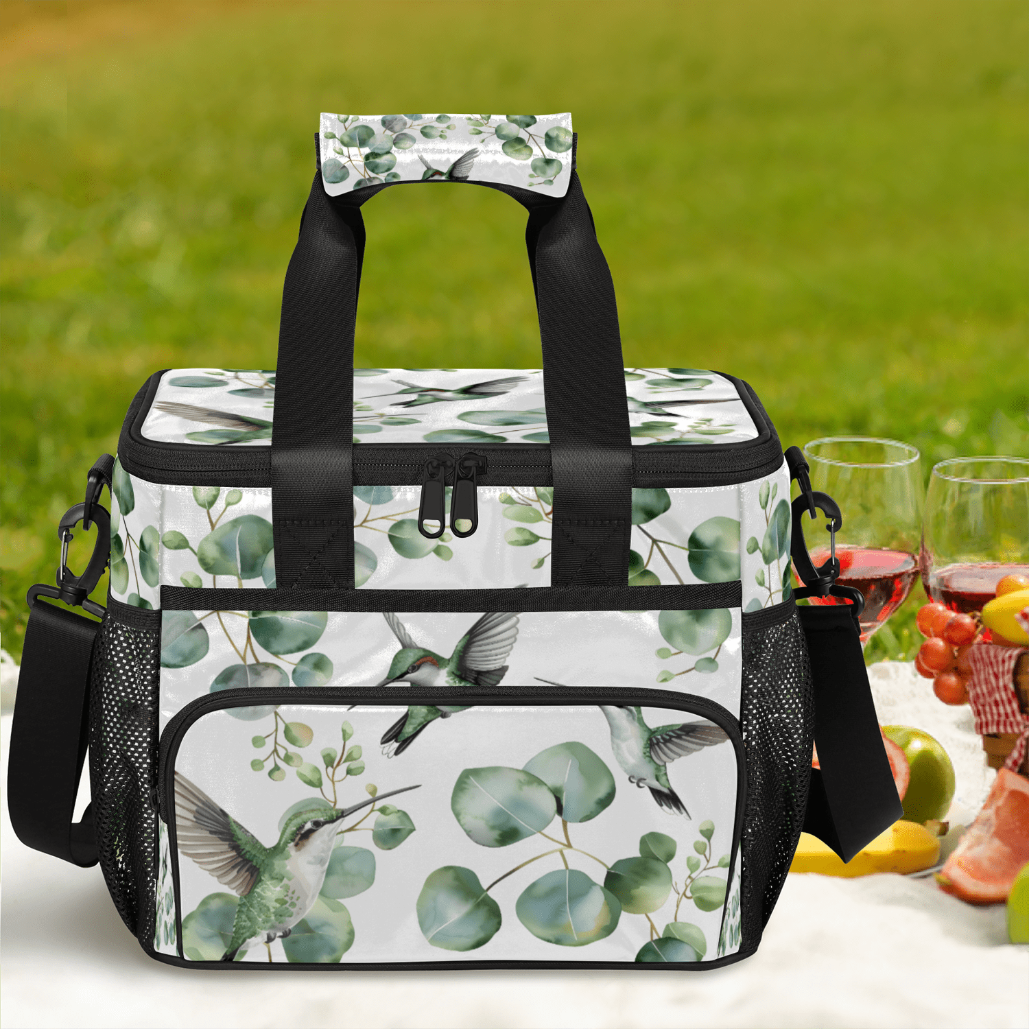 Herdesigns Hummingbird Eucalyptus Leaves Large Lunch Box for Adults Women Men with Adjustable Shoulder Strap, Insulated Reusable Lunch Bag Leakproof Cooler Tote Bag