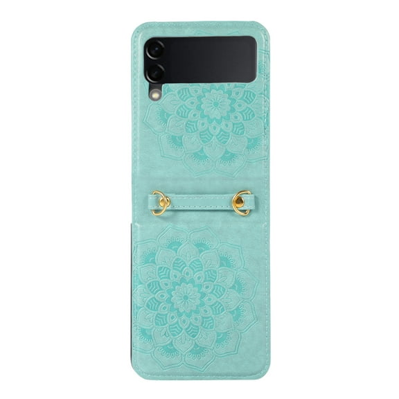 Dteck Case for Samsung Galaxy Z Flip 4,Shockproof Leather Flower Patterned Hinge Protection Case Hybrid PC Cover with Adjustable Cross-Body Shoulder Strap Case for Women,Green