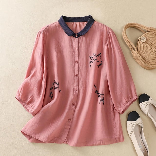 Ounisa Womens 3/4 Sleeve Blouses Collared Full Placket Buttons Embroidery Patchwork Cotton Linen Casual Summer Office Tops M-2XL