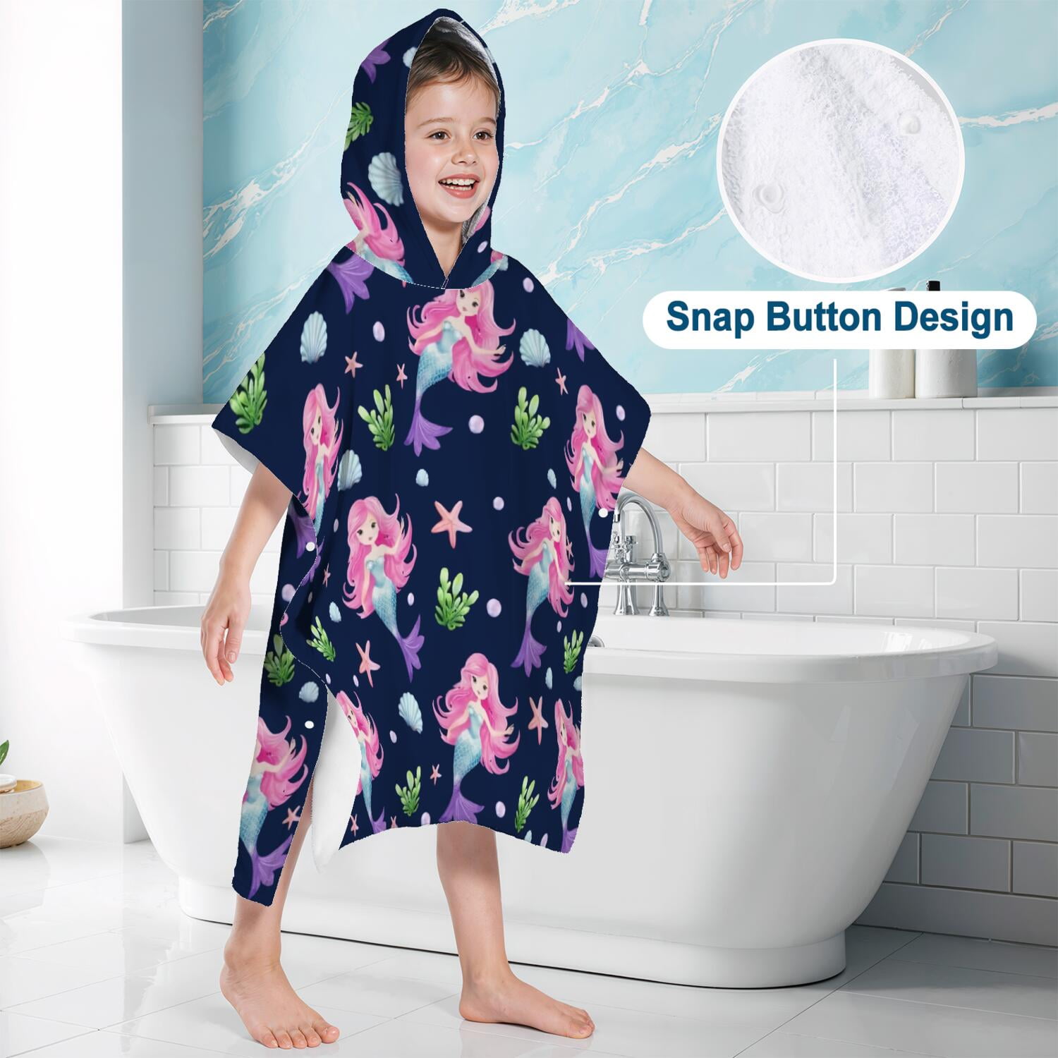 Hooded Kids Beach Towels - Toddler Bath Towel Girls Boys Swimming Cover-ups for Ages 2 to 6 Kids Pool Towels Quick Dry Lightweight Soft Microfiber Poncho Towel 28x28 (Mermaid Seashell)