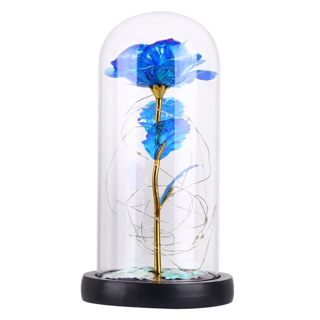 MasteelfCA 1Pc Simulative Rose LED Lamp Delicate Glass Rose Cover Decoration Desktop Night Light Layout Valentine Day Flower Gift (Goldleaf, Blue, Three Leaf)
