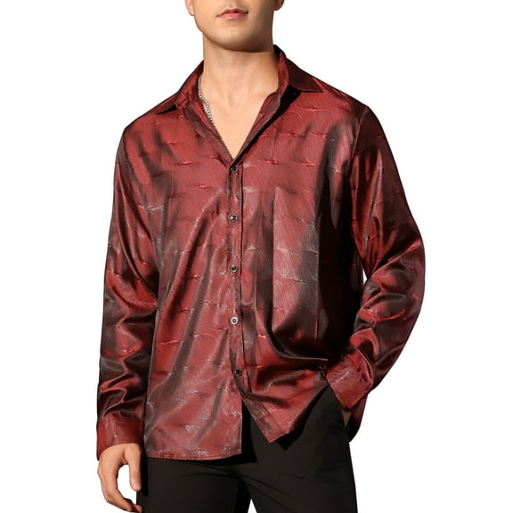 INSPIRE CHIC Shiny Satin Shirts for Men's Button Down Wedding Party Luxury Printed Shirt
