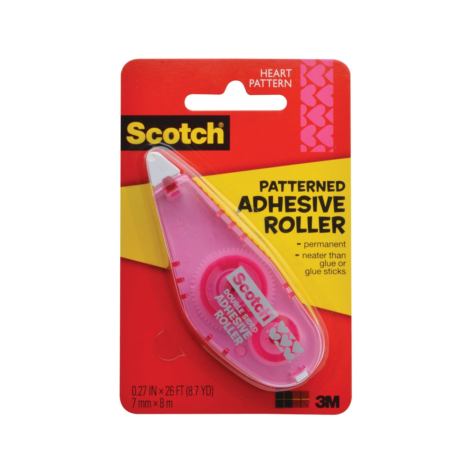 Scotch® Adhesive Dot Roller, Patterned, 0.27" x 26', Pink Hearts