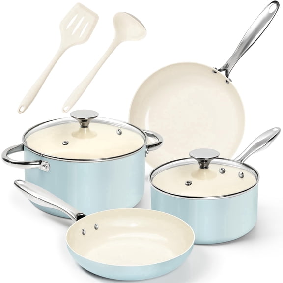 MICHELANGELO Pots and Pans Set Non Stick - Ceramic Cookware Set, 8-Pcs Nonstick Pots and Pans with Ergonomic Handle, Dishwasher Safe & Induction Compatible, Blue