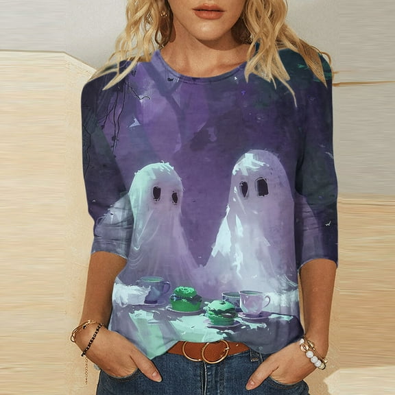 WXLWZYWL Fall Savings Halloween Shirts for Women Funny 3/4 Sleeve Round Neck Tops Casual Blood Ghost Graphic Tees Trendy Workout Fall Tunic Blouse