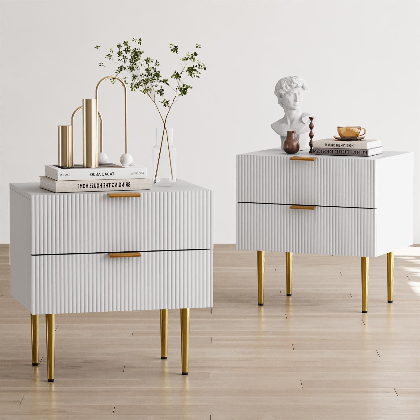Smuxee Modern Nightstand with 2 Wave Pattern Drawer,End Tables Side Tables for Bedroom,White